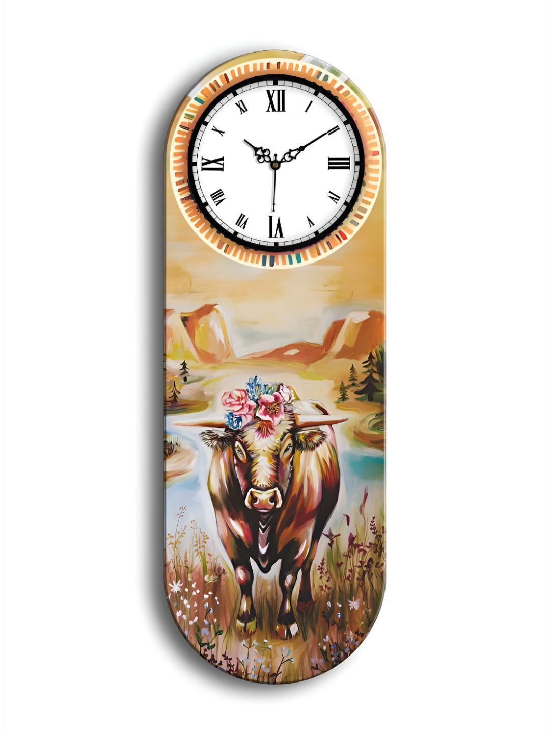 OLIVE TREE Brown & Blue Cow Printed Wooden Rectangle Shaped Wall Clock