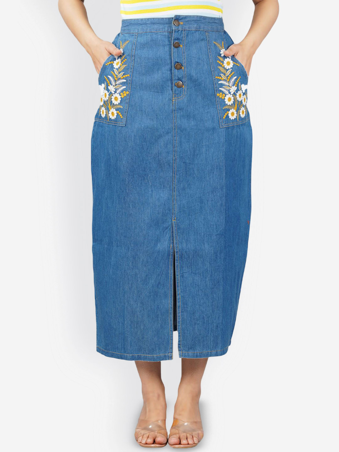 SUMAVI APPREALS Women Floral Embroidered Linen Mid-Rise A-Line Midi Skirt