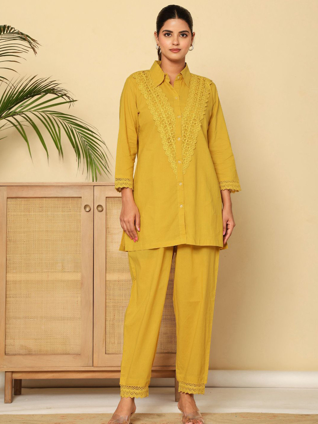 Zolo Label Lace Cotton Shirt Collar Shirt With Trousers Co-Ords