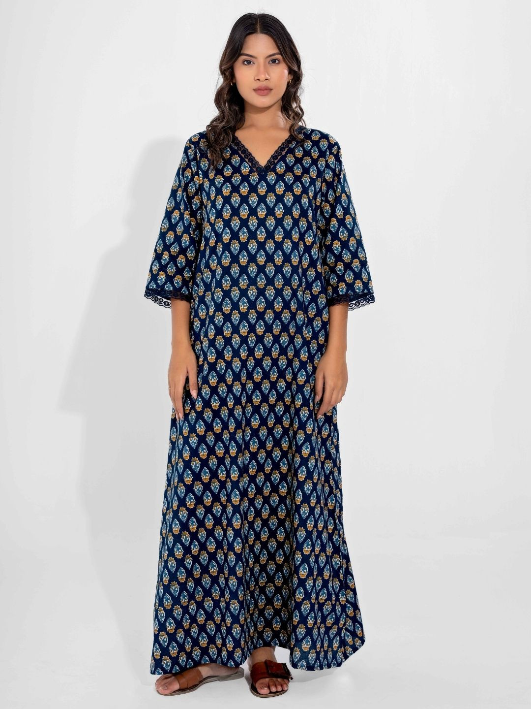 FEATHERS CLOSET Women Blue Buti Pure Cotton V-Neck Night Maxi