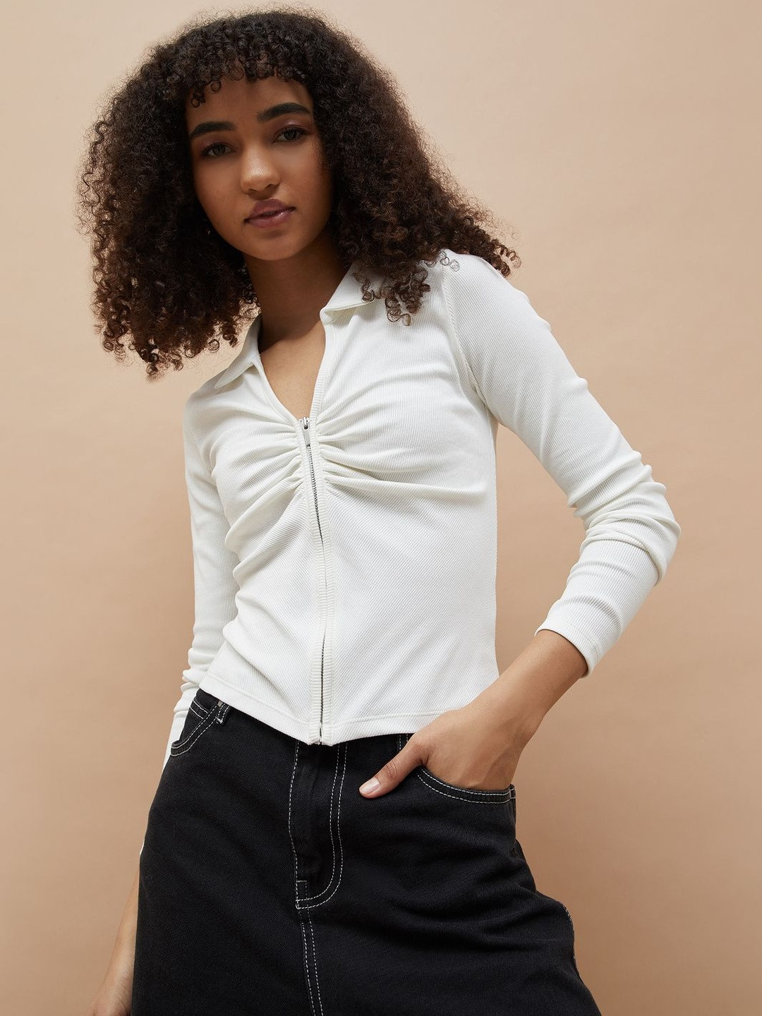 Ginger by Lifestyle Women Ribbed Shirt Collar Gathered or Pleated Top