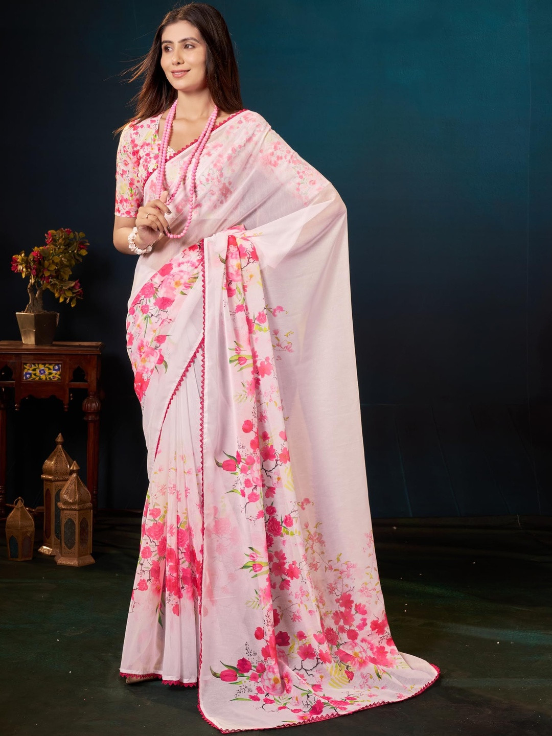 Garden Vareli Floral Printed Embellished Border Saree With Blouse Piece