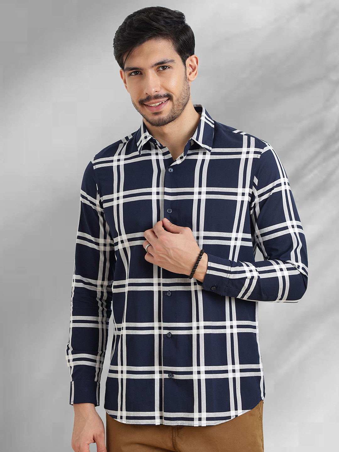 NEON CHILLIE Slim Fit Checked Long Sleeves Cotton Shirt