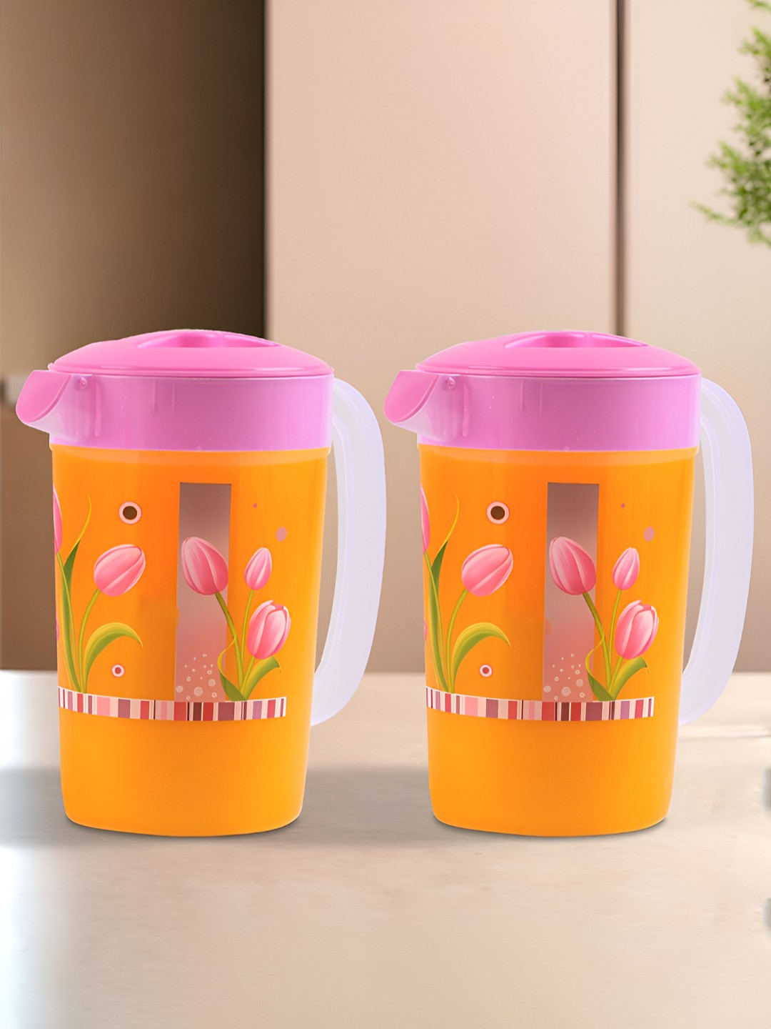 Aura Pink & White 2 Pieces Flower Printed Safe Pack Water Jugs-2.4 L Each