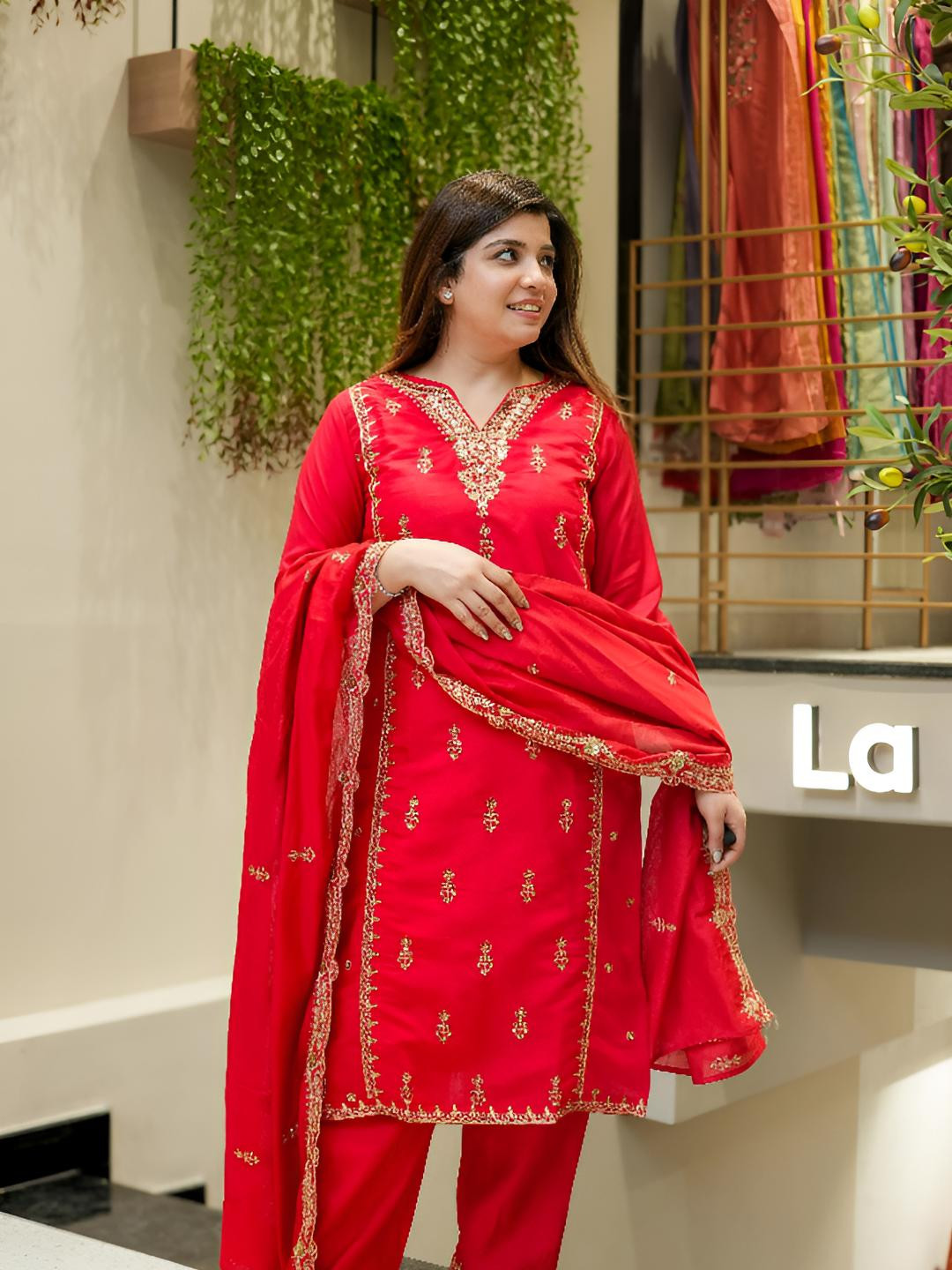J.KANJI Women Embroidered Regular Thread Work Kurta with Trousers & With Dupatta