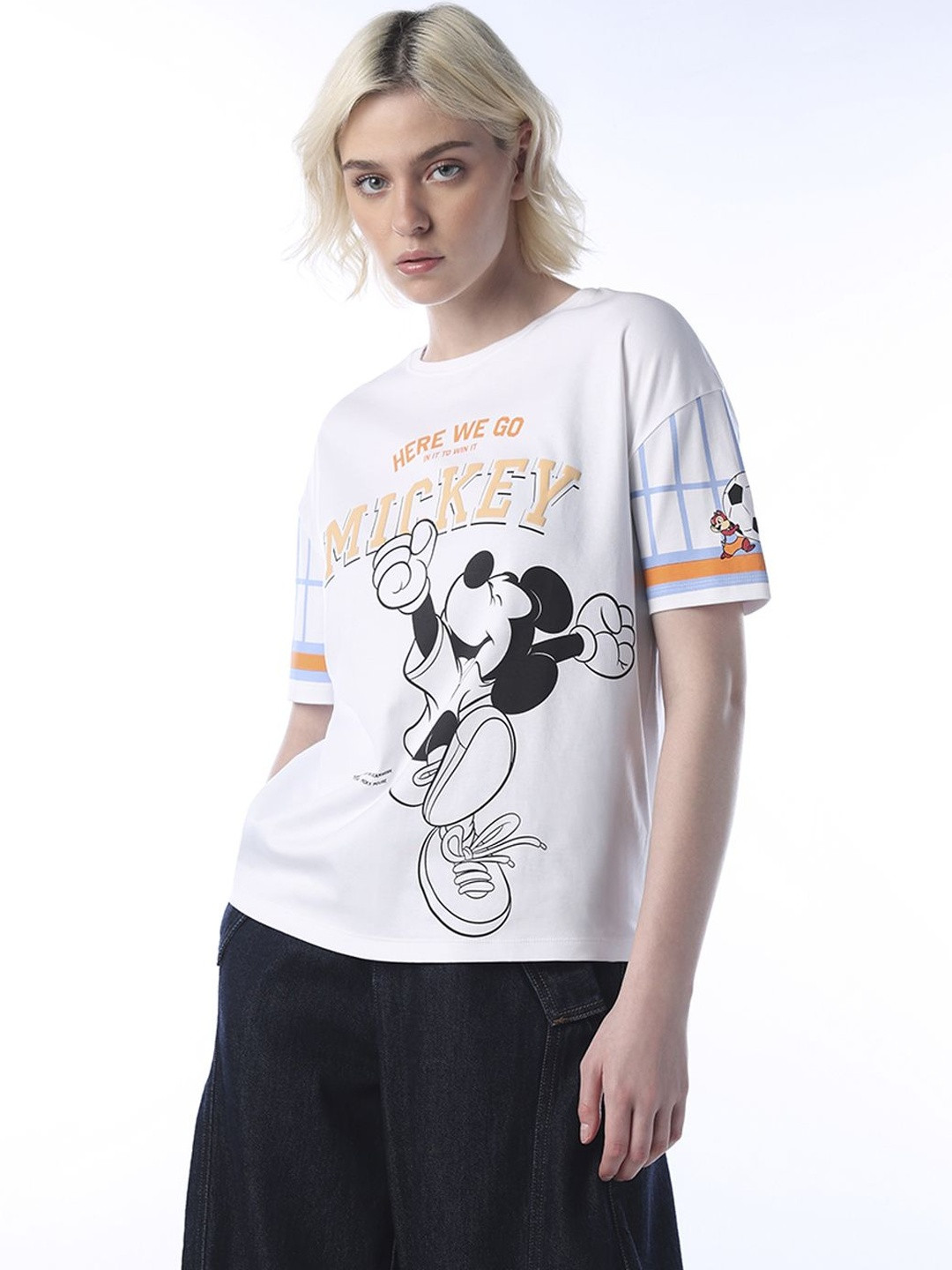 ONLY Women Mickey Mouse Graphic Printed Round Neck Pure Cotton T-shirt