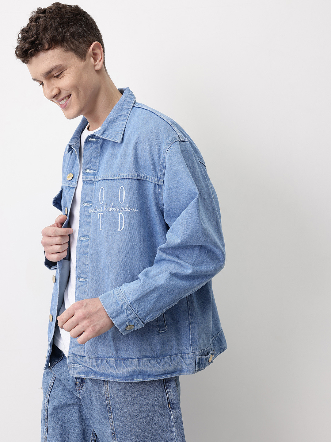 Mast & Harbour Typography Printed Pure Cotton Over Relax Denim Jacket