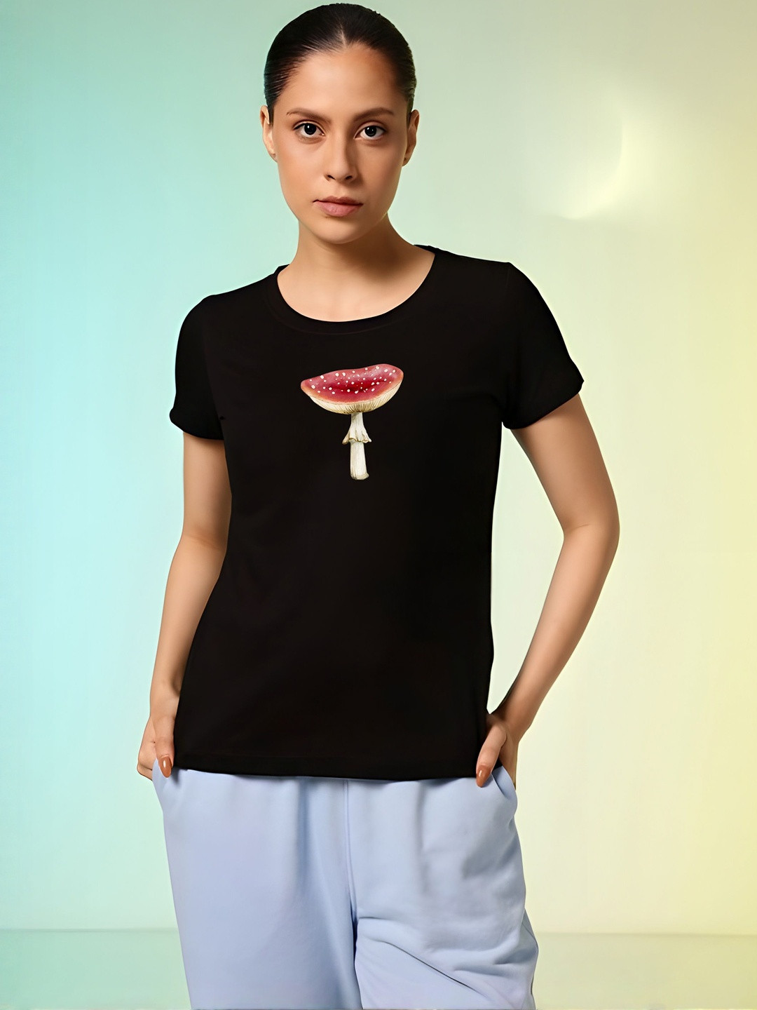 SZN Women Mushroom Graphic Regular Fit Round Neck T-shirt