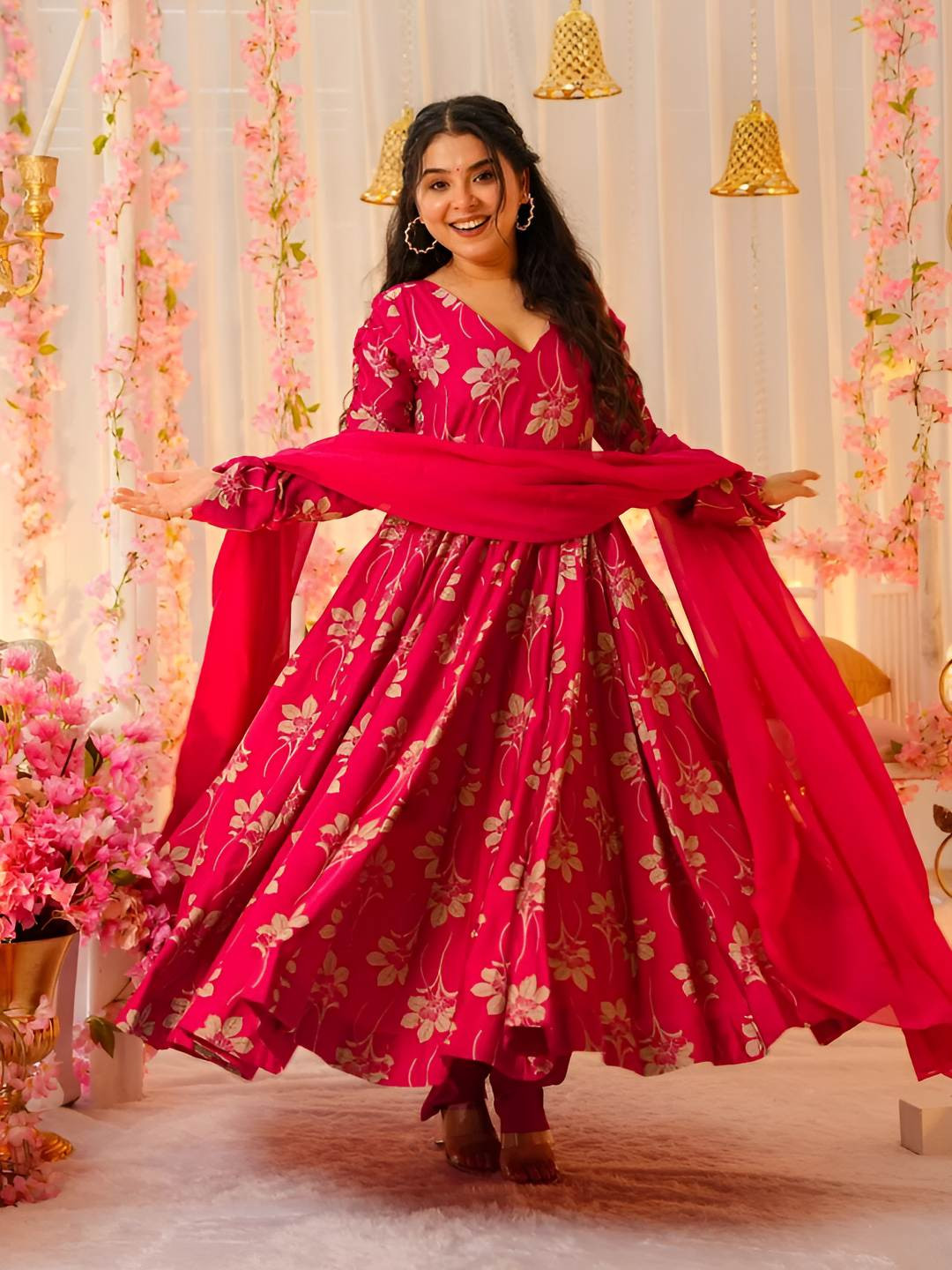 Happy Design Women Floral Printed Tiered Kurta & Churidar With Dupatta