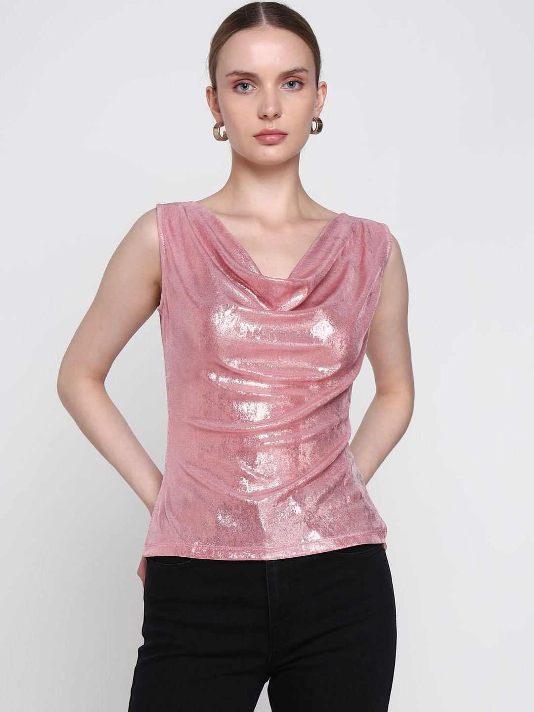 COVER STORY Women Embellished Sheen Cowl Neck Sleeveless Top