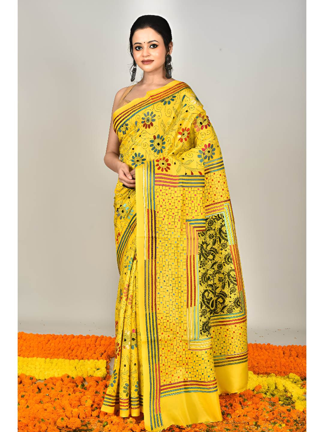 RAM SHYAM collection Floral Embroidered Kantha Work Art Silk Saree With Blouse