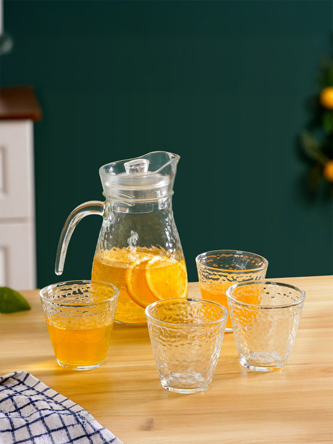 Nestasia Hammered Transparent 5 Pieces Textured Glass Water Jug & Glasses 1.25L