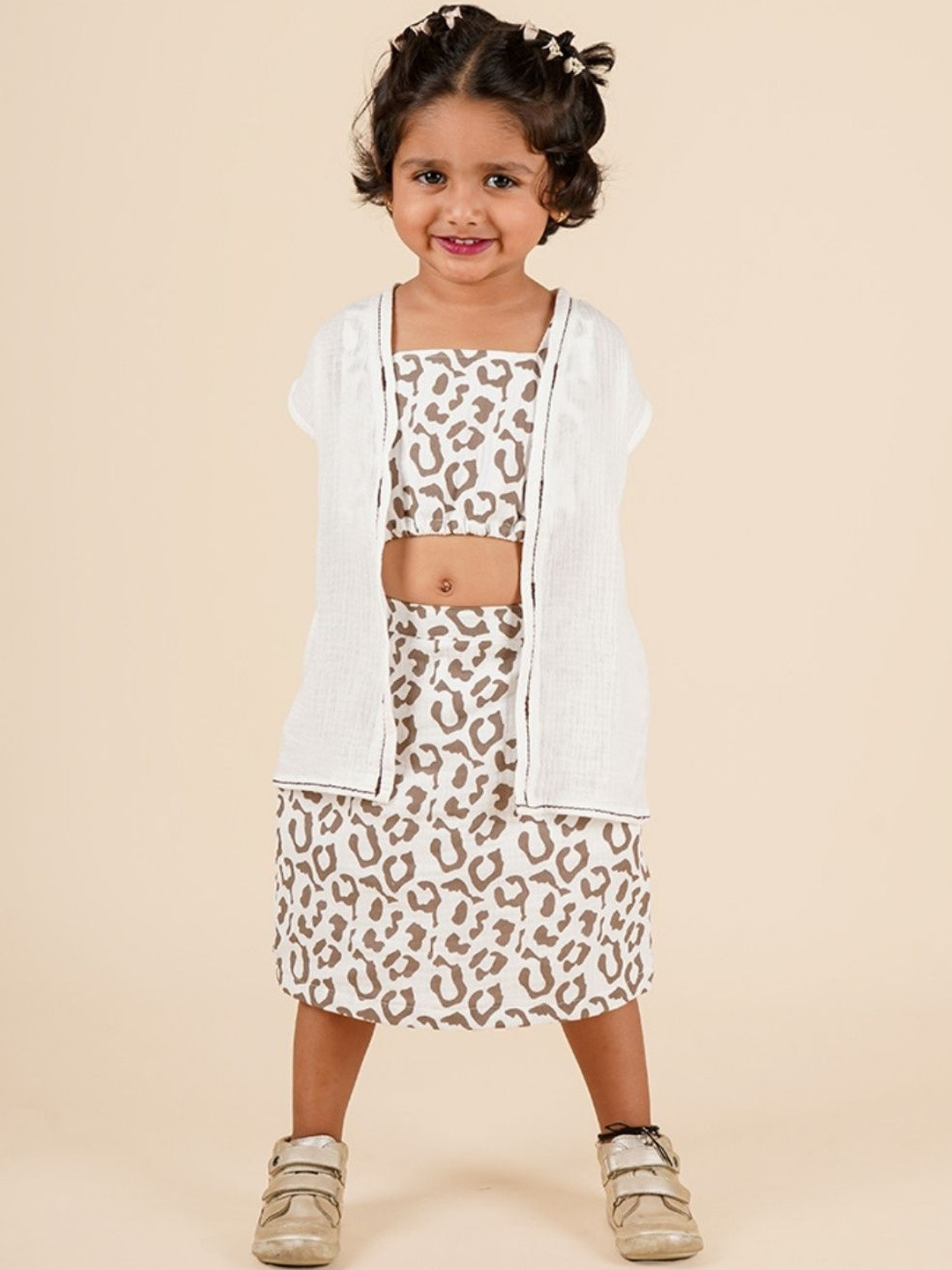 LOYZO-LOYAL TO JOY Girls Printed Square Neck Pure Cotton Top with Skirt With Jacket