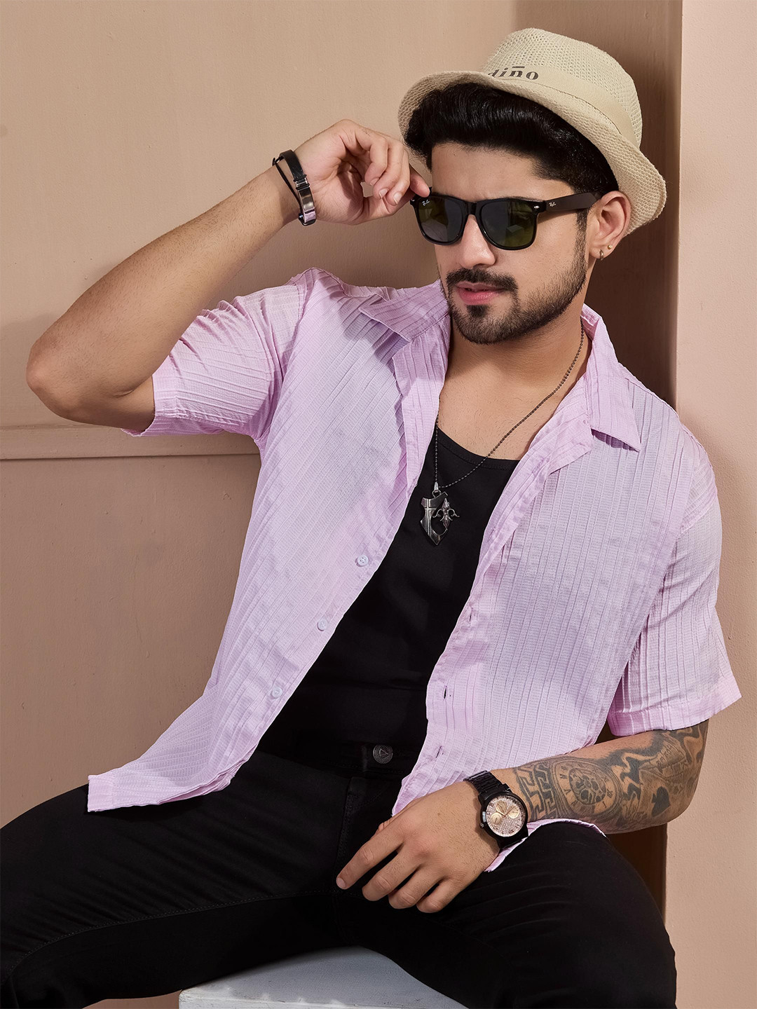 STONEBERG Men Comfort Fit Textured Spread Collar Casual Shirt
