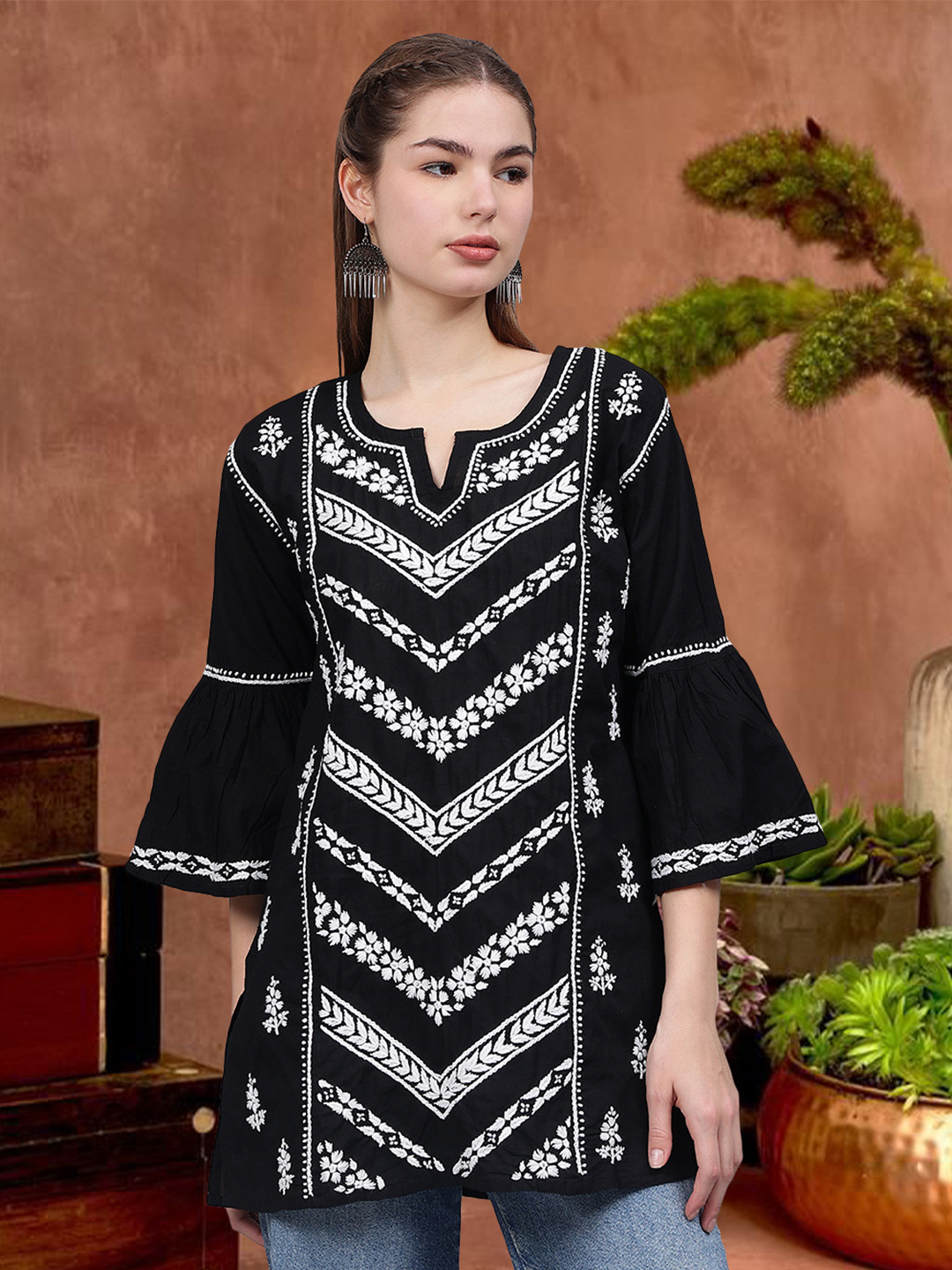 Seva Chikan Floral Embroidered V-Neck Flared Sleeves Chikankari Chikankari Kurti