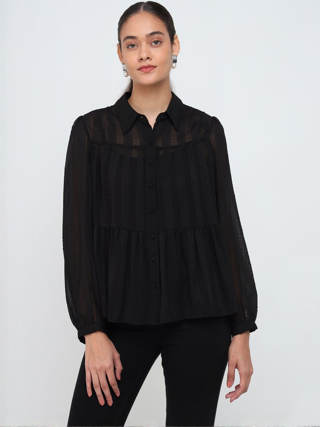 COVER STORY Women Self Design Shirt Collar Regular Top