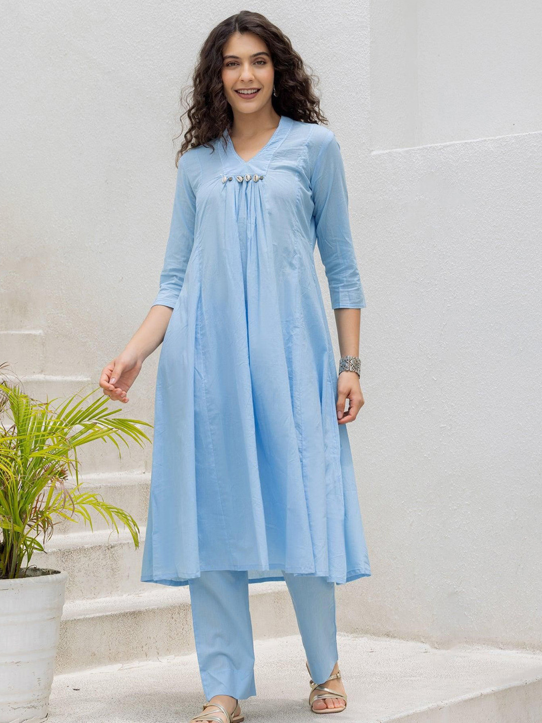 Ambraee Women Blue Cotton Kurta Set