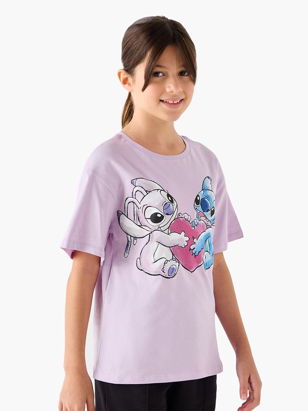 Juniors by Babyshop Girls Lilo & Stitch Graphic Printed Cotton Relaxed Fit T-shirt