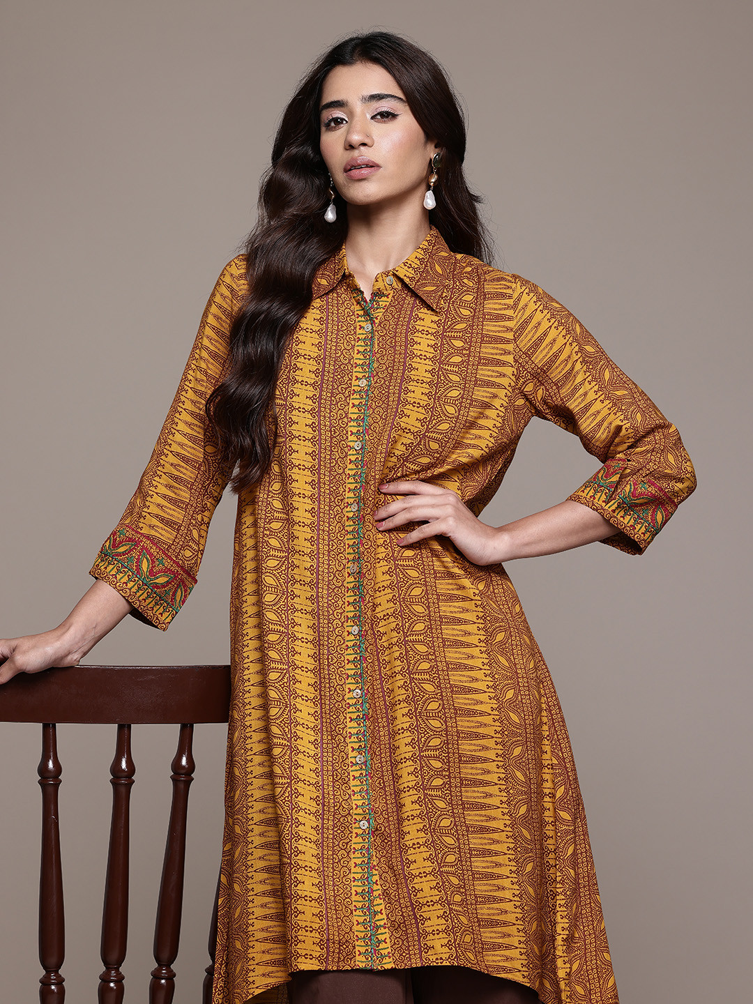 aarke Ritu Kumar Ethnic Motifs Printed Button-Down A-Line Kurta with High-Low Hem
