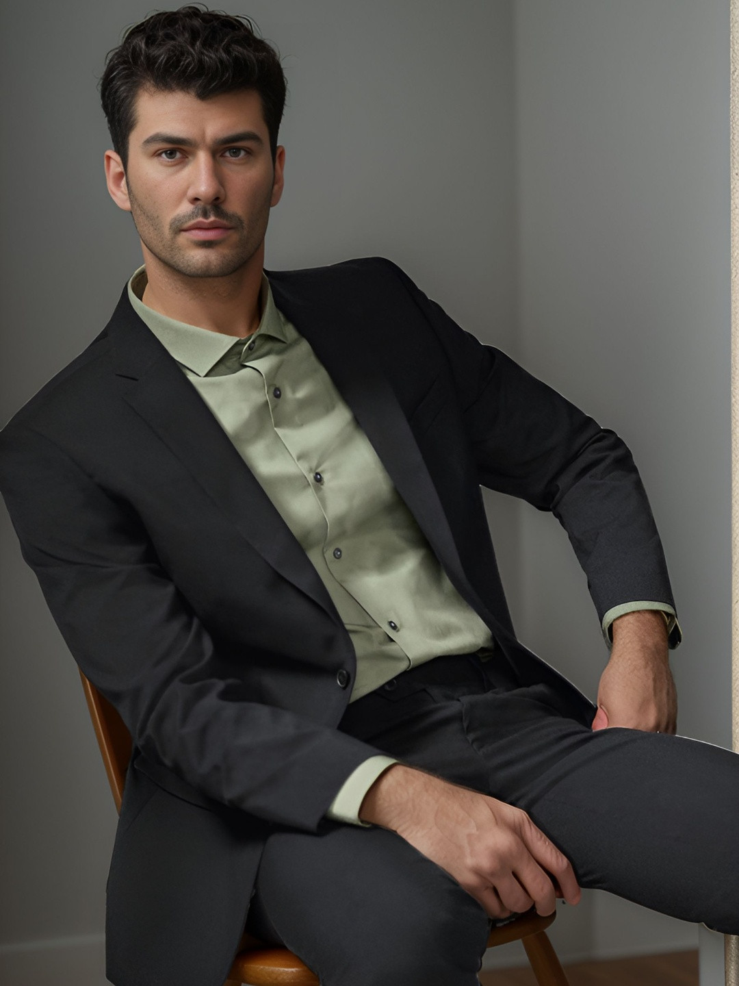 Moda Rapido Men Black solid Satin With Notched Lapel Collar Formal Blazer