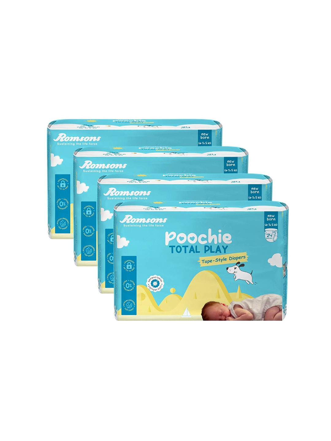 Romsons Infants Set Of 4 Poochie Total Play Tape Style Baby Diapers - NB - 24-Pcs Each