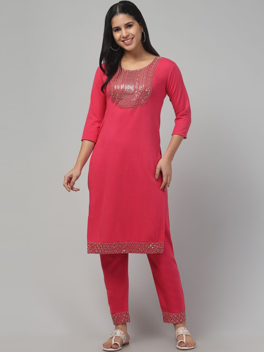 Trend Level Women Ethnic Motifs Embroidered Regular Sequinned Pure Wool Kurta with Trousers