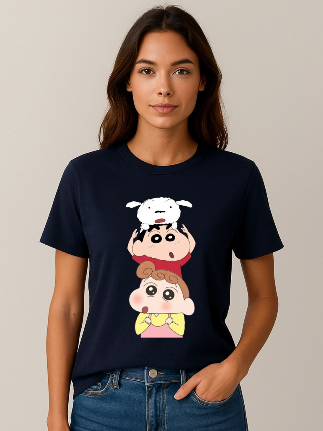 Anikmart Women Shinchan Graphic Printed Round Neck Cotton T-shirt