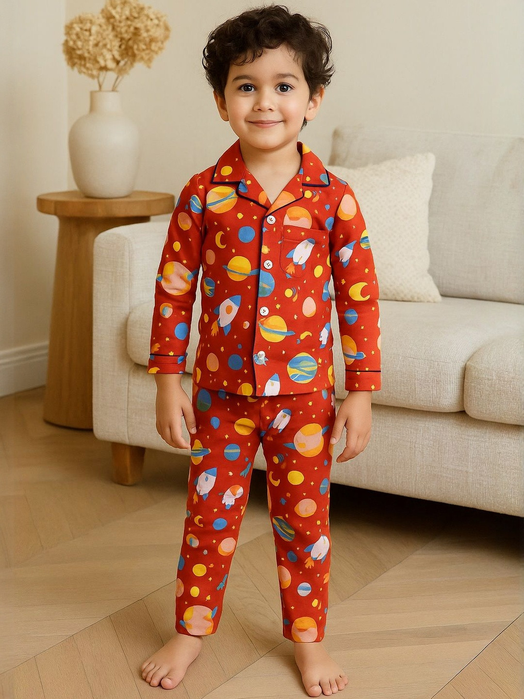 Thelittlebunny Red Unisex Cotton Space Printed Night Suit