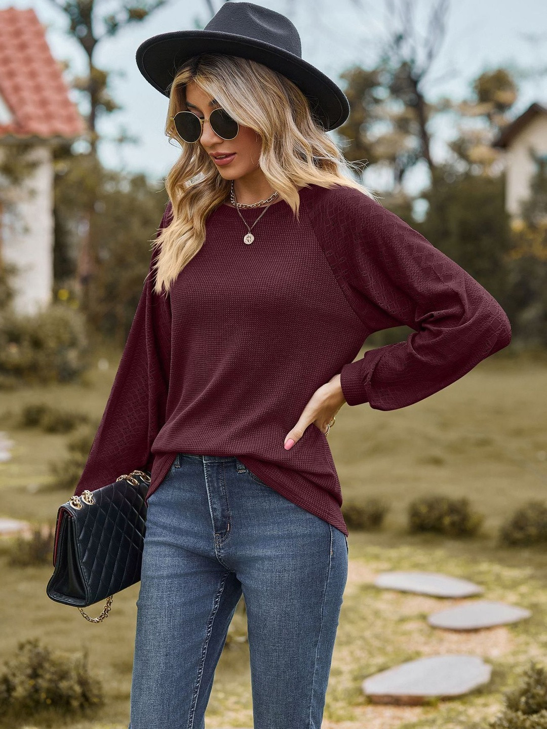 Outzidr Women Maroon Textured Long Sleeve Top