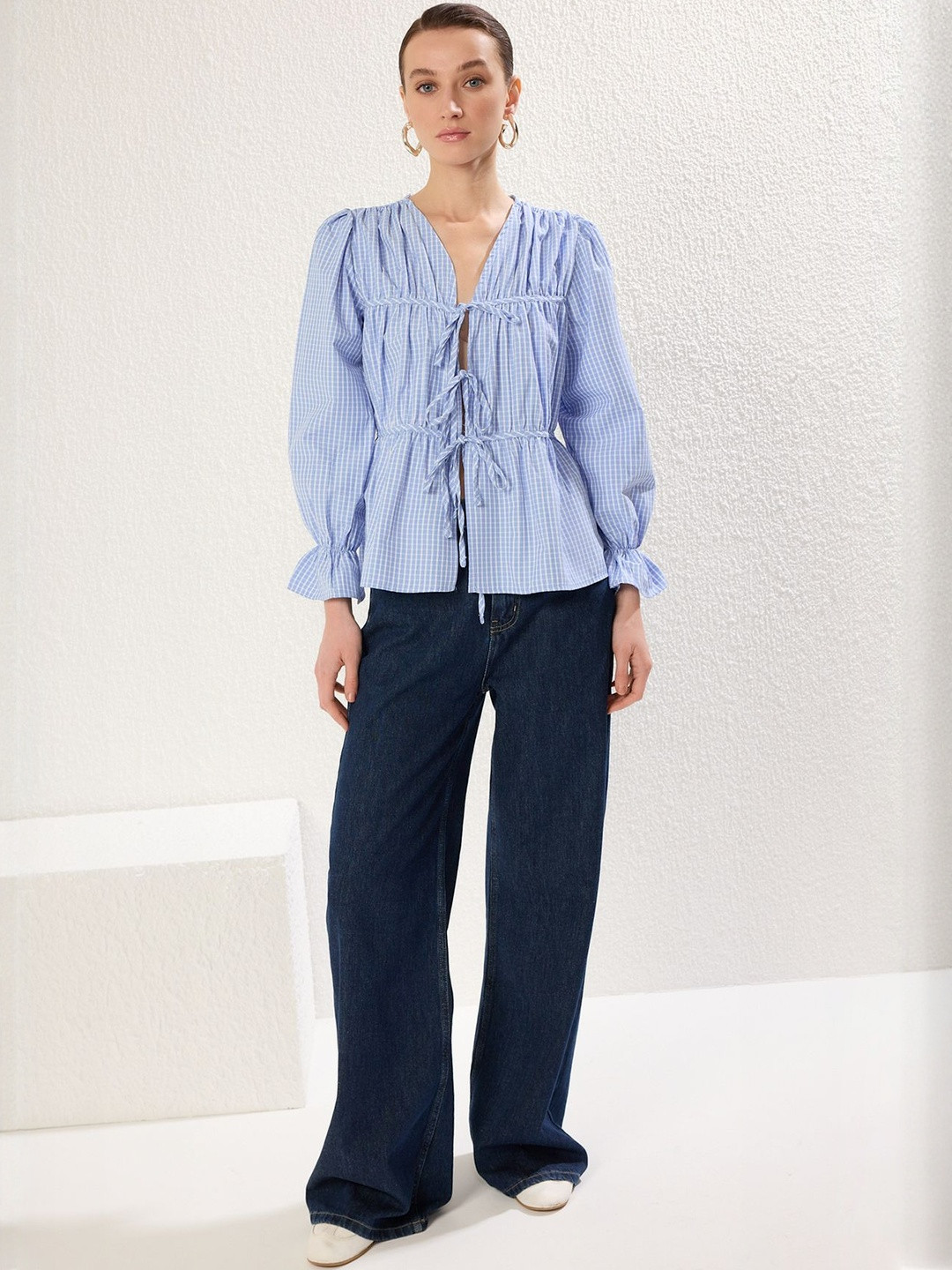 Trendyol Women Checked V-Neck Cotton Blouson Top