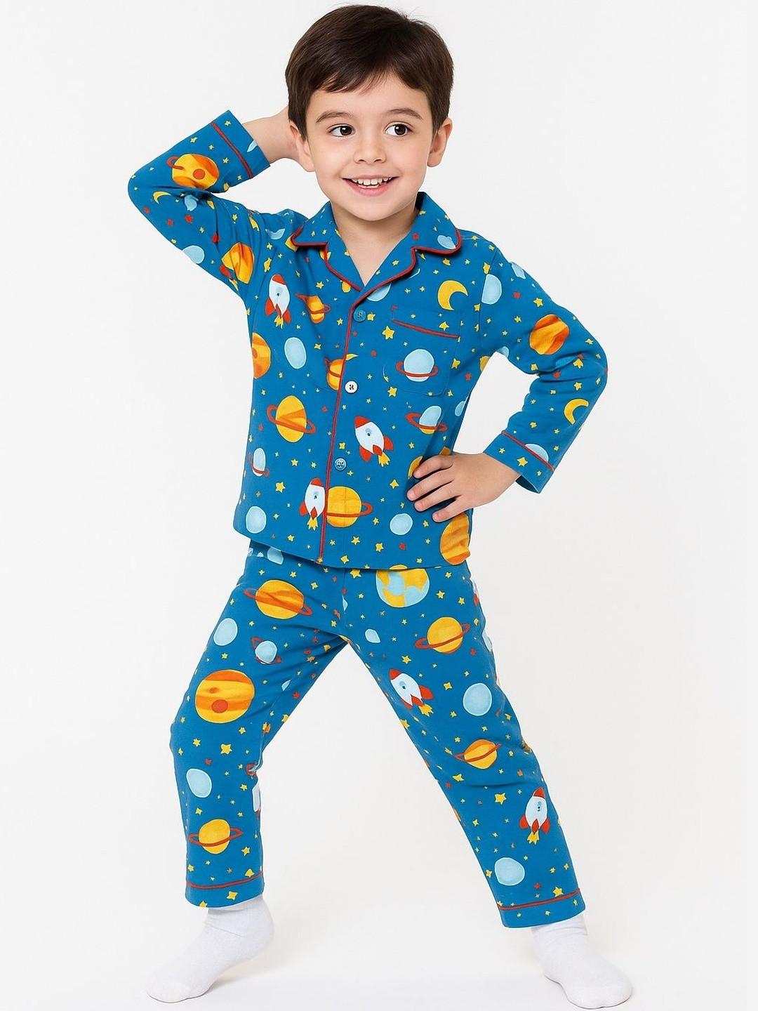 Thelittlebunny Kids Unisex Green Cotton Space Printed Night Suit