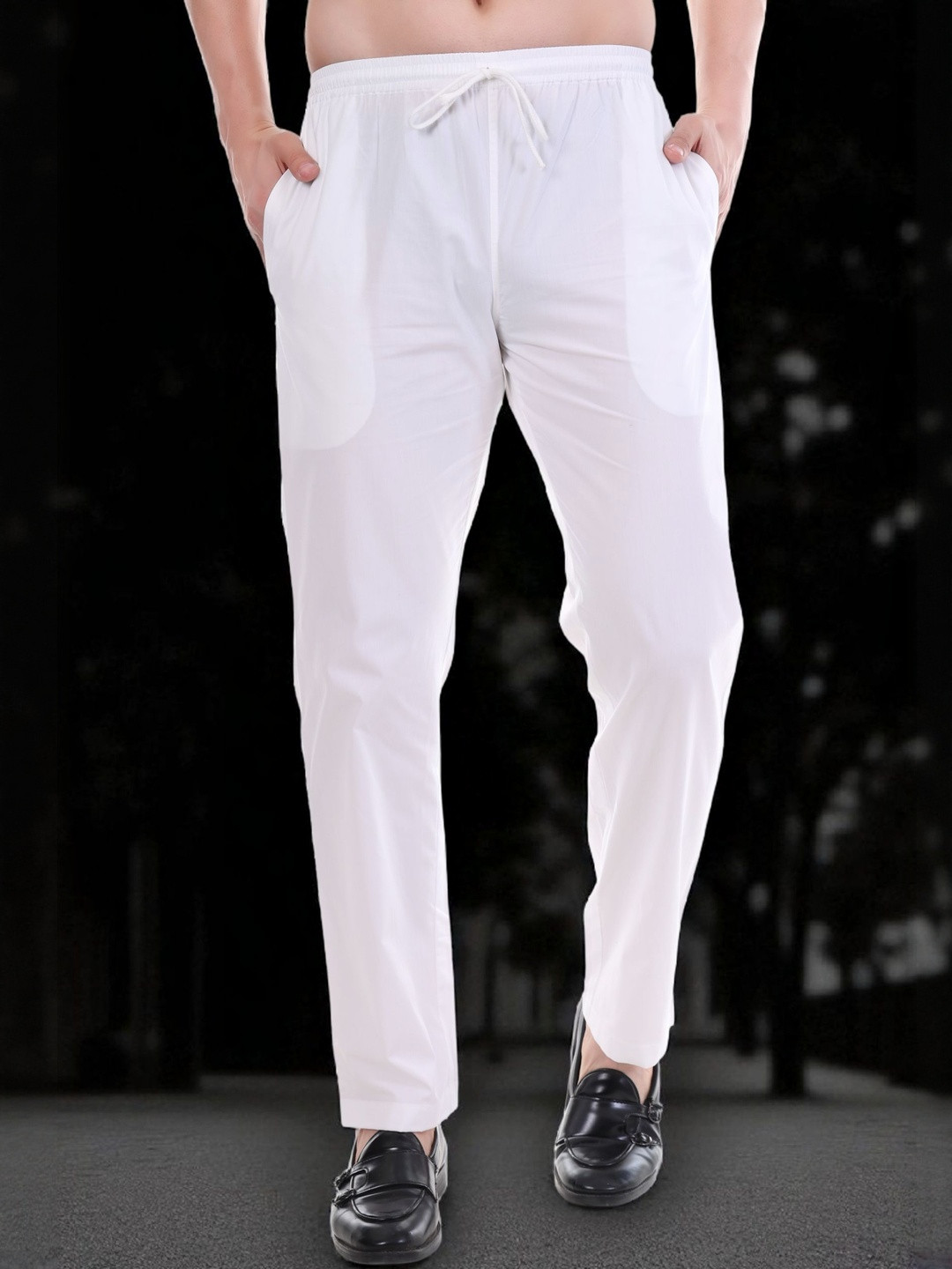 DASTEKARIGAR Men White Mid-Rise Cotton Drawstring Closer Pyjamas
