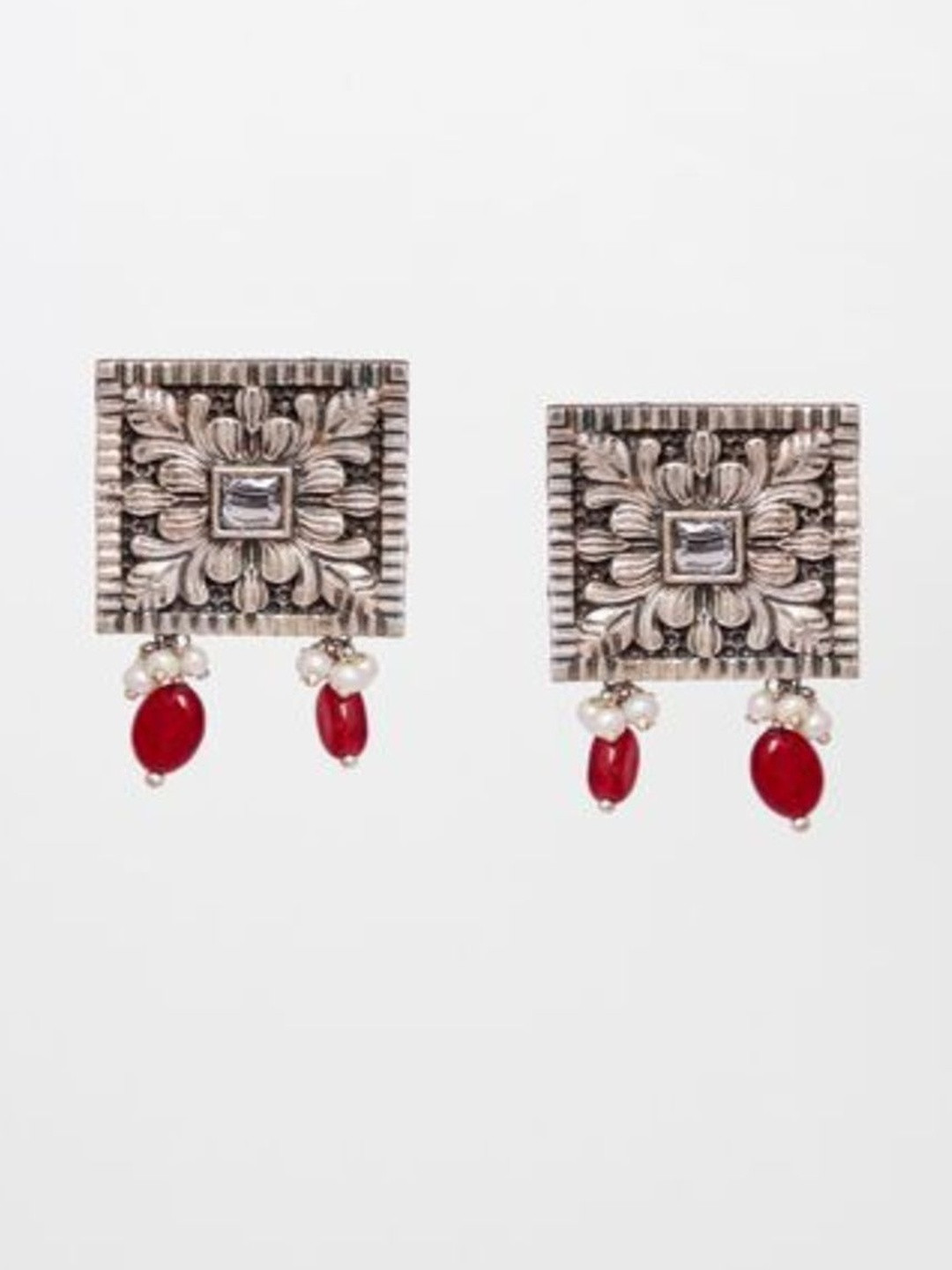 HENA DESIGNS LLP Artificial Stones Studded And Ruby Beaded Oxidised Square Shaped Studs
