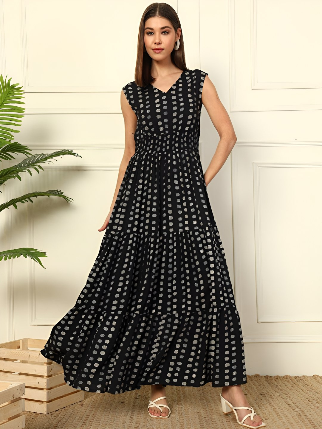 Krunal Raiyani Women Crepe Polka Dots Printed Smocked Tiered Fit and Flare Maxi Dress