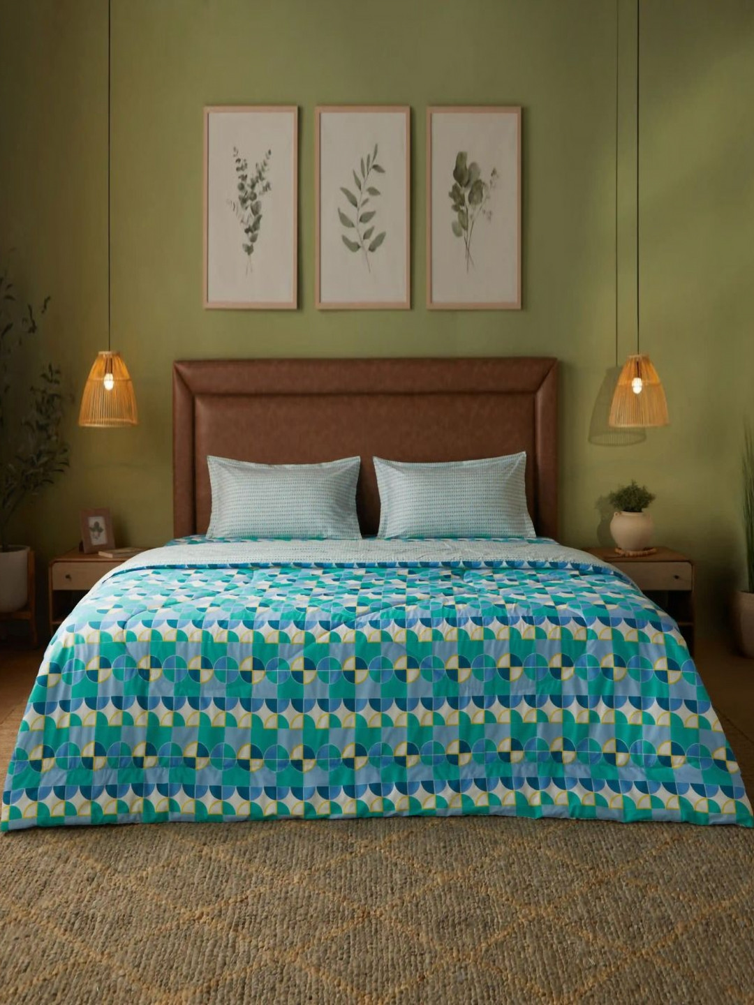 LIVSPACE Mishella Teal Geometric Printed Pure Cotton AC Room 120 GSM Double Bed Comforter