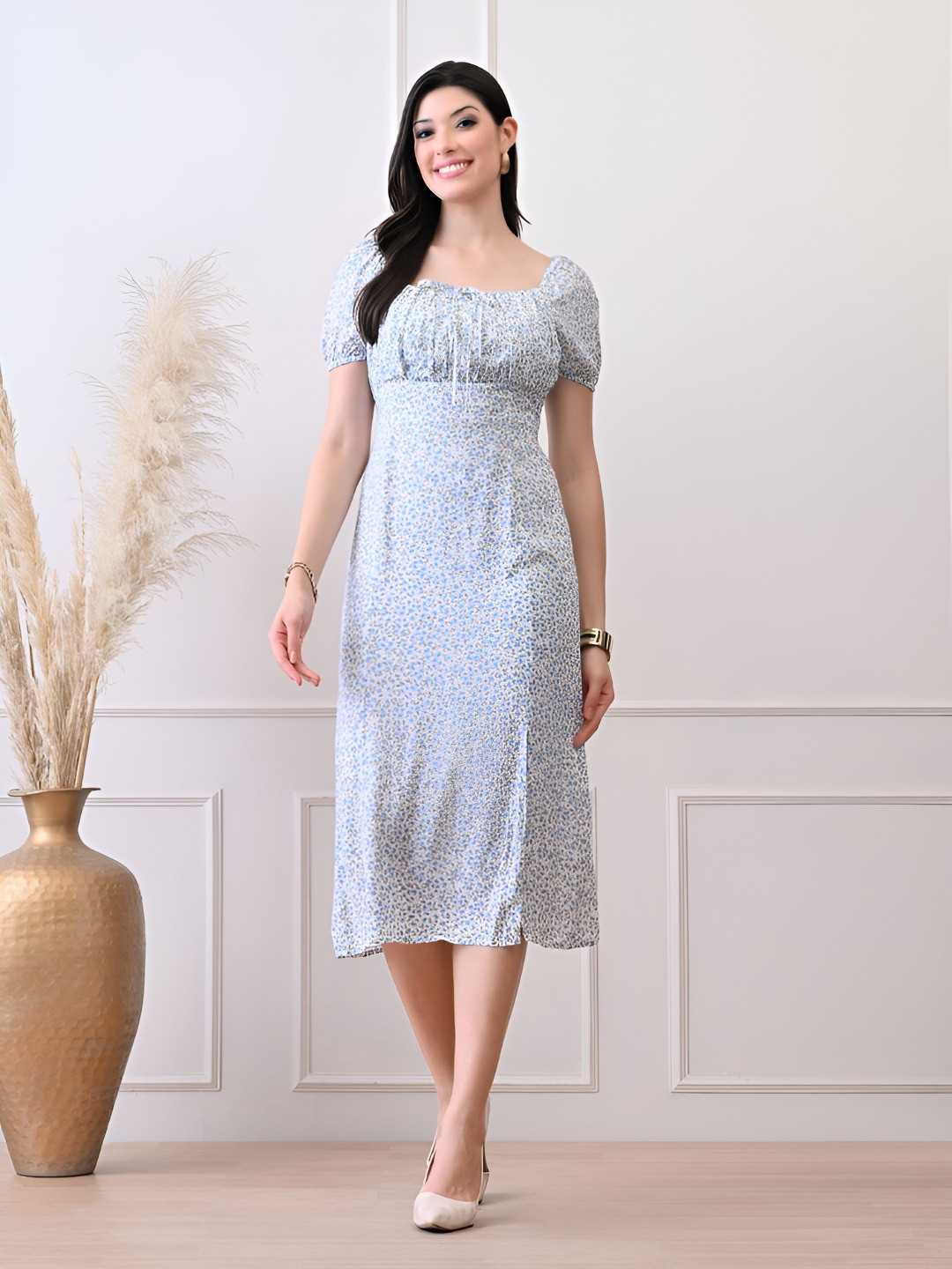 Ikonic klaer Women Floral Printed Puff Sleeve Tie-Up Neck Slit Sheath Dress