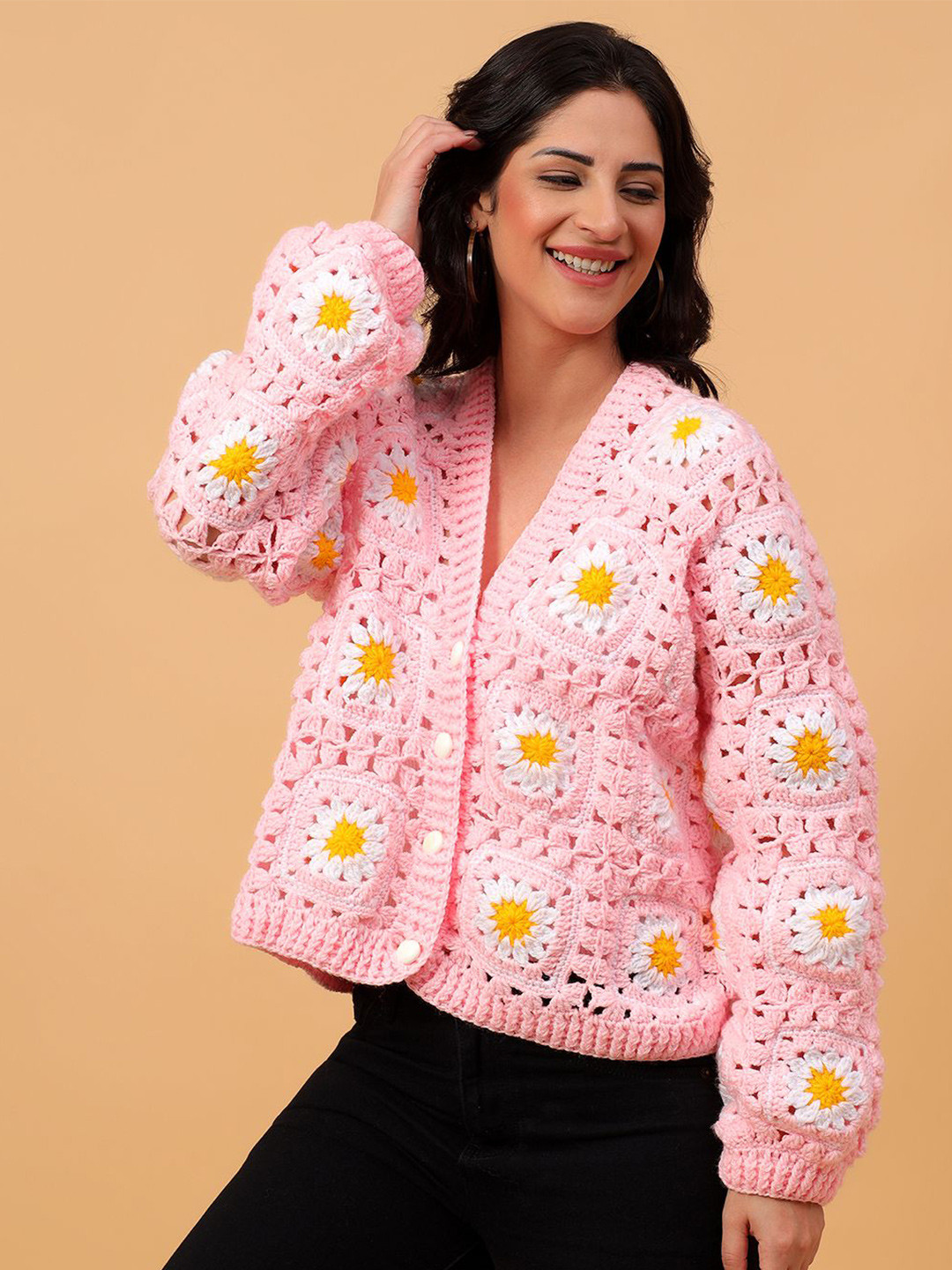 Velvery Pink Daisy Floral Crochet V-Neck Cardigan