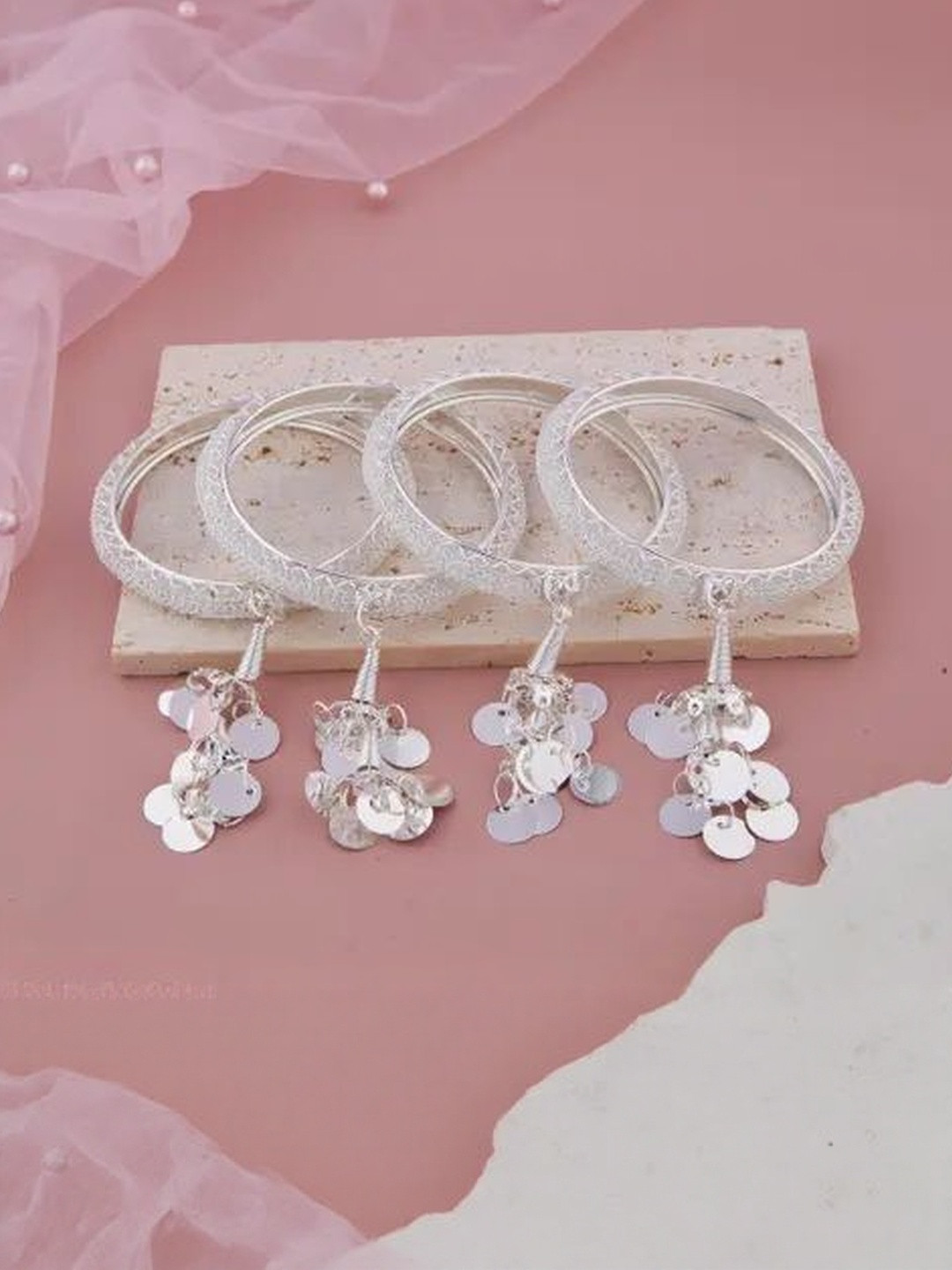 Balasundri Set of 4 Silver Plated Coin Shape Hanging Kangan Latkan Bangle set