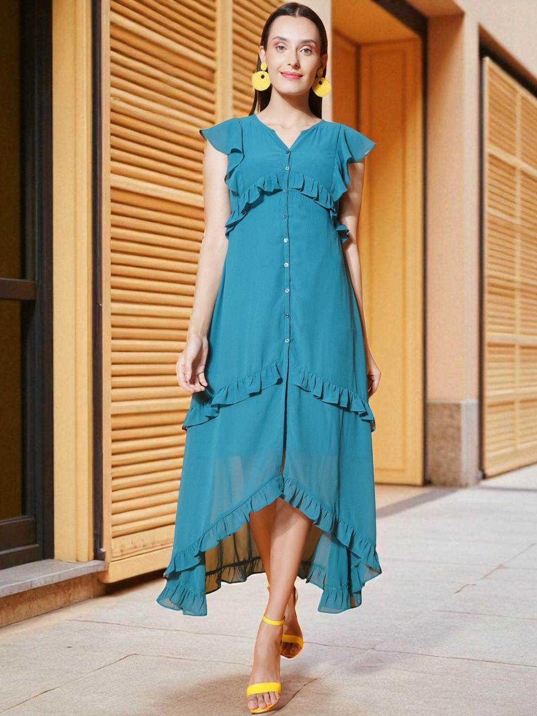 KATLINE Women Flutter Sleeve Ruffled Georgette Fit & Flare Maxi Dress