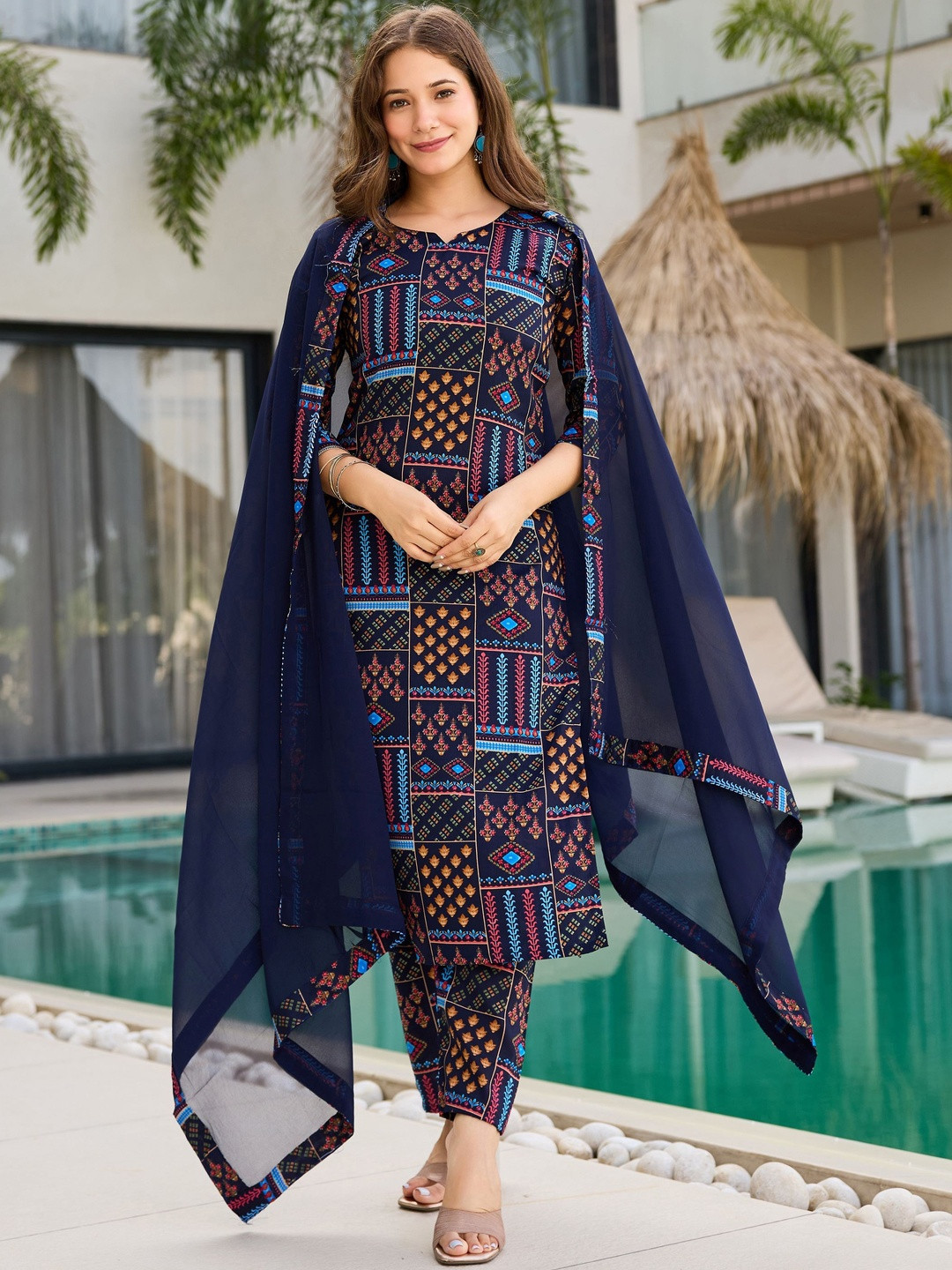 J.KANJI Floral Printed Notch Neck Straight Kurta With Trousers & Dupatta