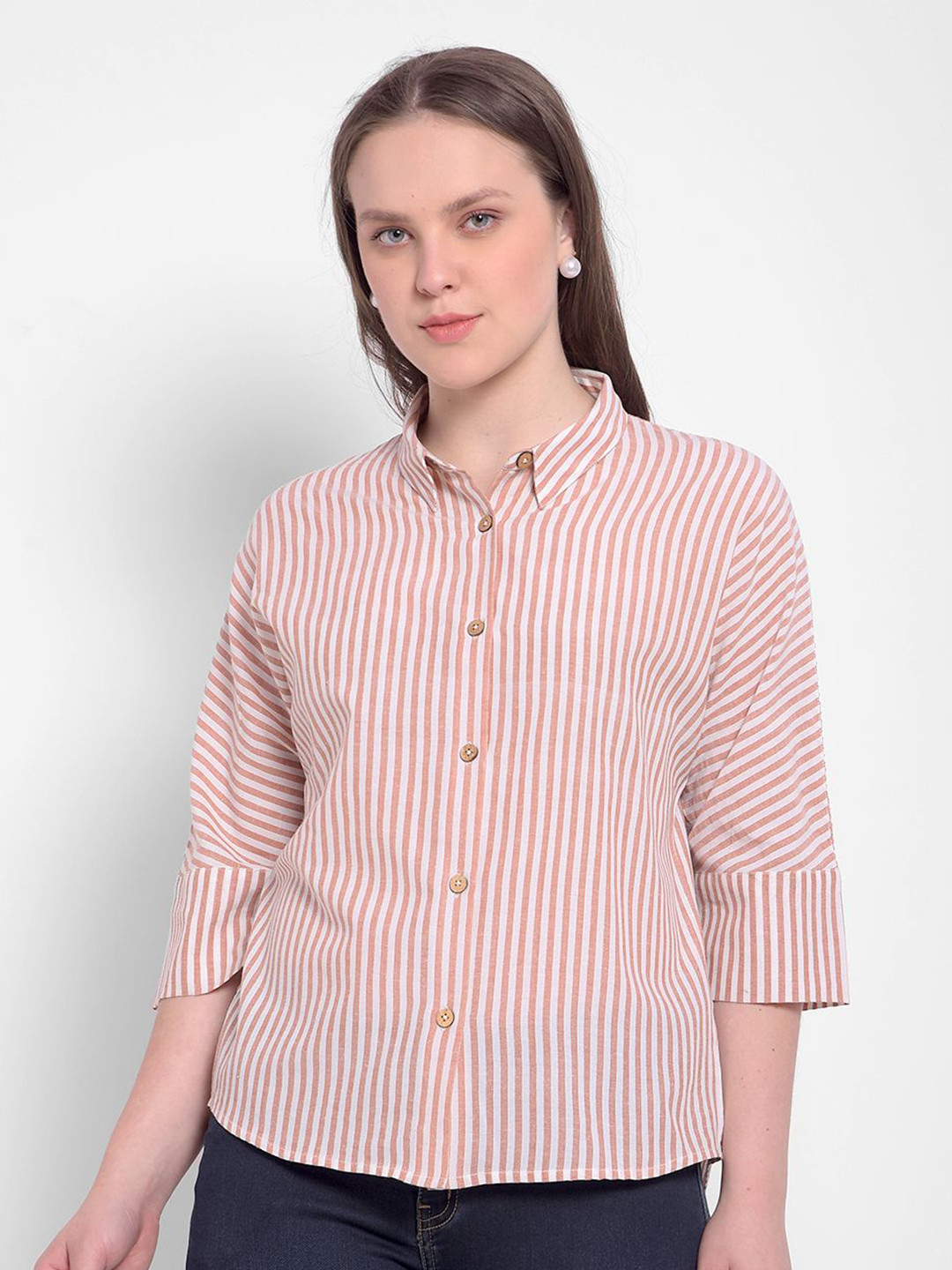 Numero Uno Women Vertical Striped Spread Collar Cotton Regular Fit Casual Shirt