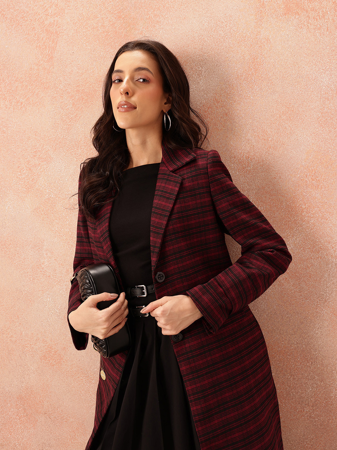 all about you Twill Checked Single-Breasted Longline Overcoat