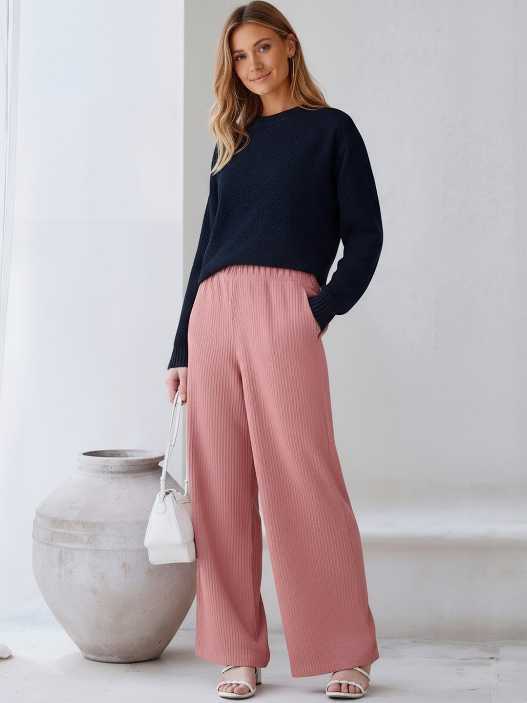 HERE&NOW Women Peach High-waisted Solid Wide Leg Cotton Blend Trousers