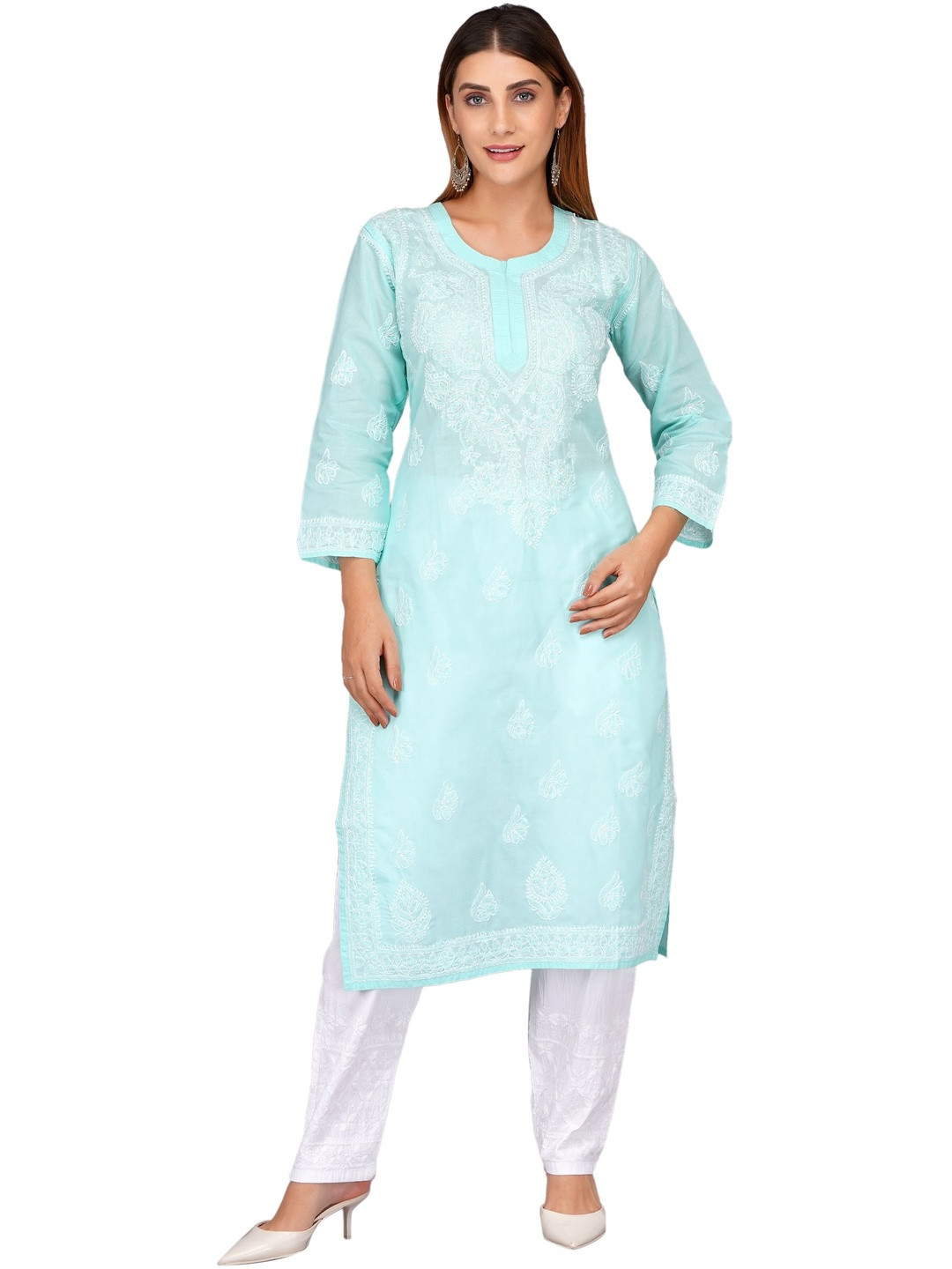 MRS RIGHT Ethnic Motifs Embroidered Chikankari Pure Cotton Kurta With Trousers