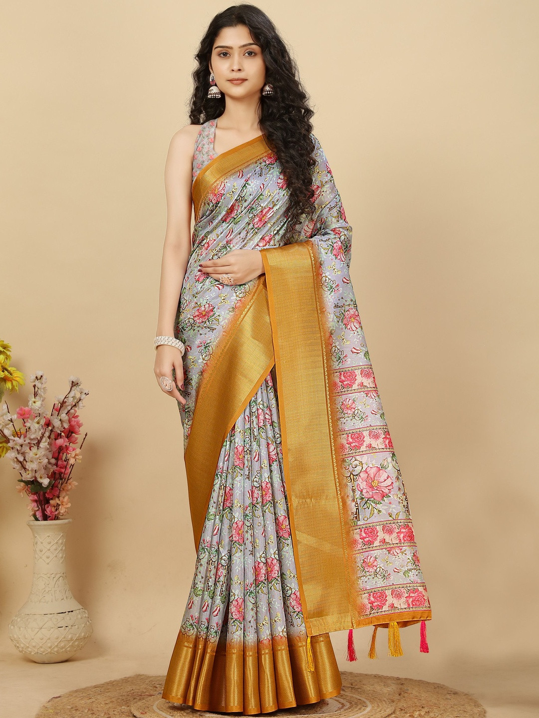 J 6 DESIGNER Floral Printed Woven Design Border Block Print Saree With Blouse Piece