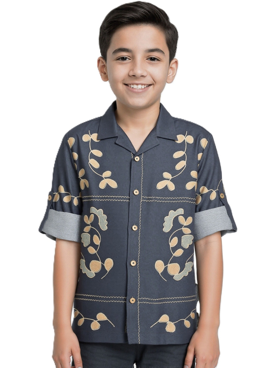 CAVIO Boys Navy Blue Printed Spread Collar Long Sleeves Cotton Shirt