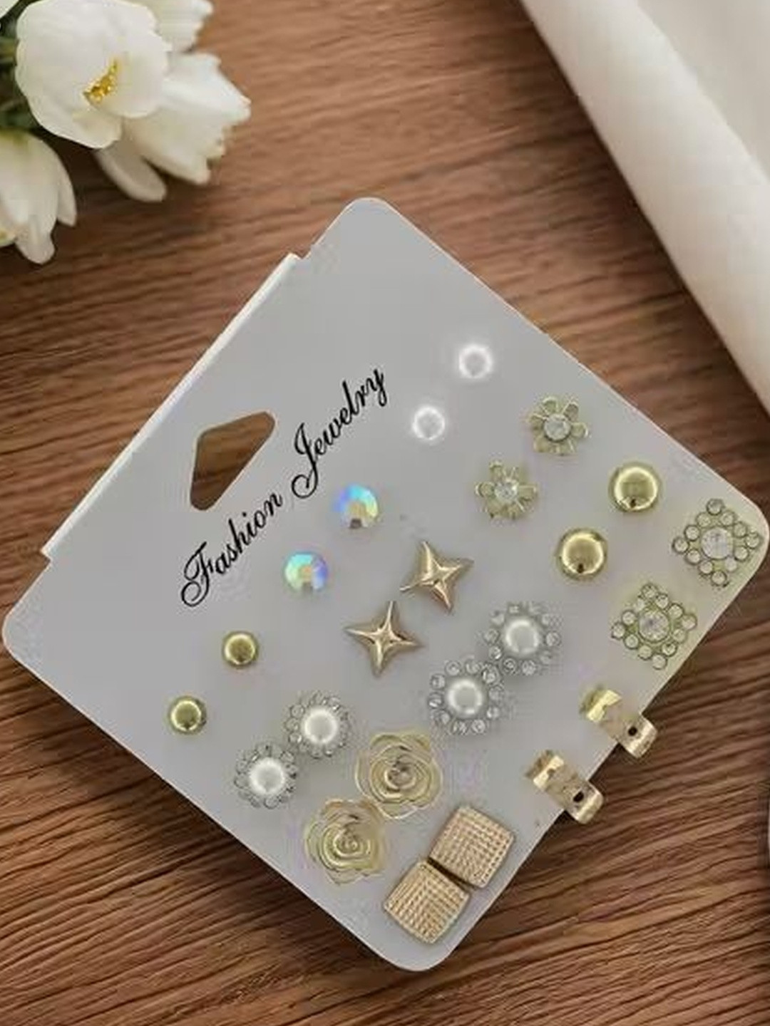 Balasundri 12 Pairs Women Pearls Flower Crystal Mix Design Studs Earrings