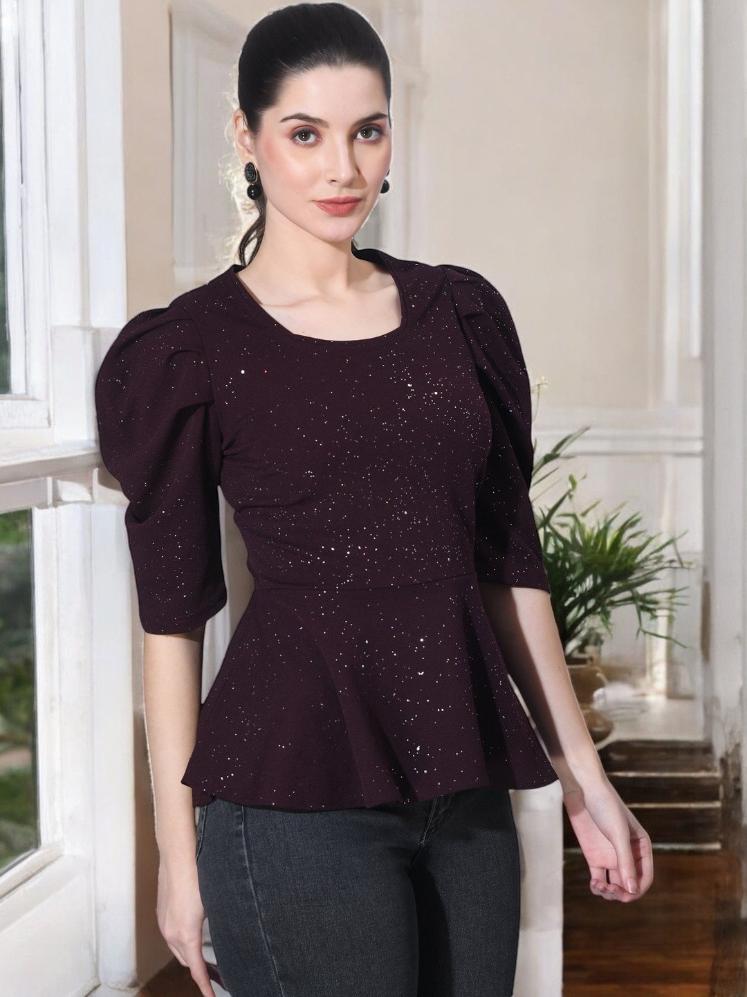 SFOTY Burgundy Sequined Peplum Top