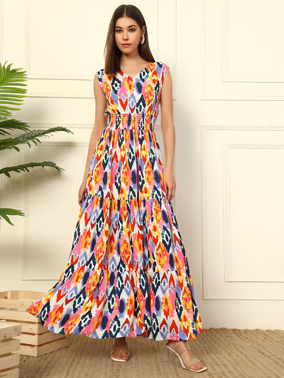 Krunal Raiyani Abstract Printed V-Neck Tiered Long  Smoke Details Maxi Dress