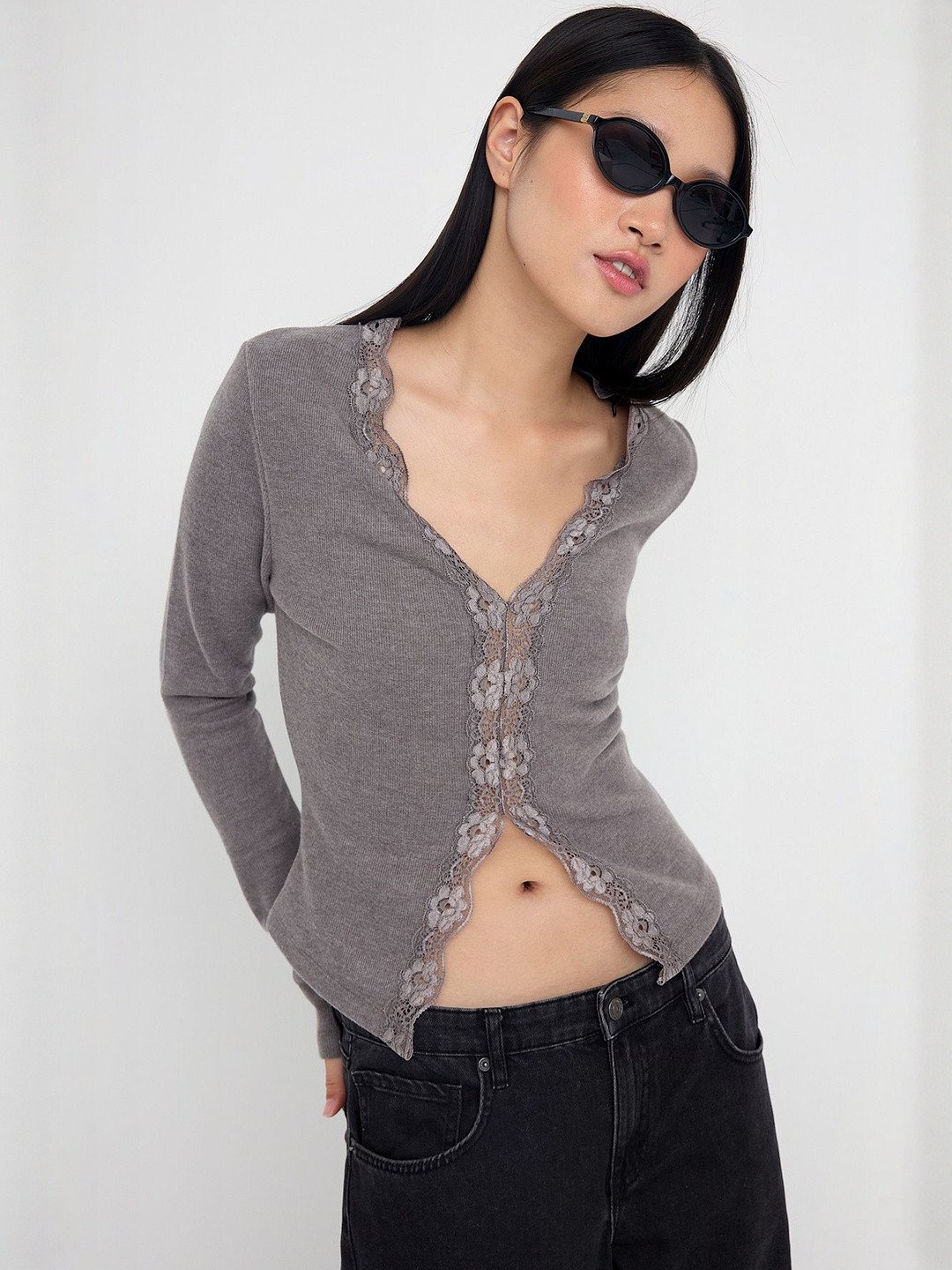 Trendyol Antrasit Melanj Women Ribbed V-Neck Lace Inserts Top